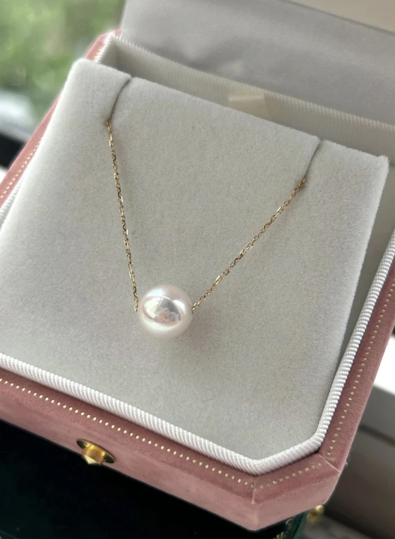 天然海水akoya珍珠吊坠路路通18k贴片正圆极微瑕白透樱花粉7-8mm