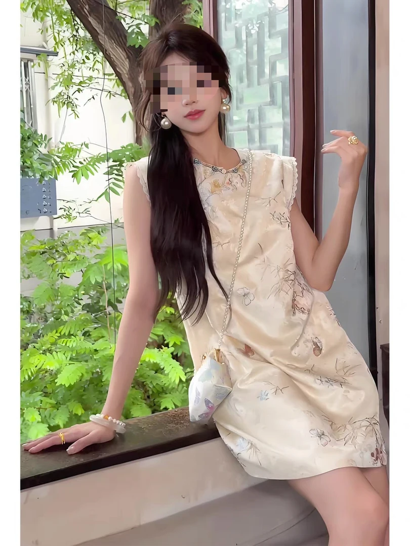 新中式无袖高腰刺绣蕾丝夏季中长款短裙2025新款宽松绣花连衣裙女