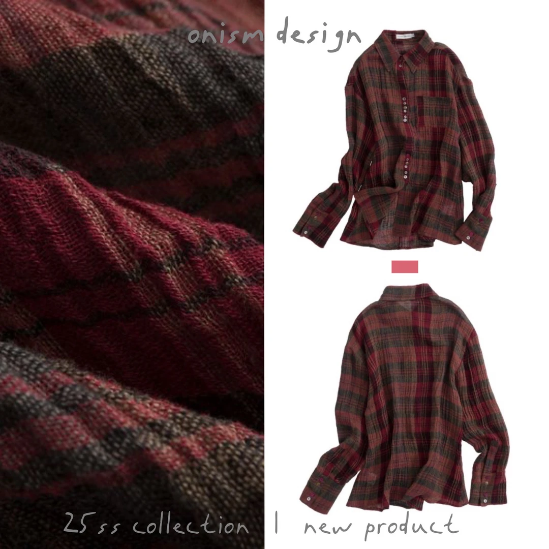 “复古霓虹”复古格纹亚麻翻领长袖春季衬衫不规则纽扣设计纹理开衫