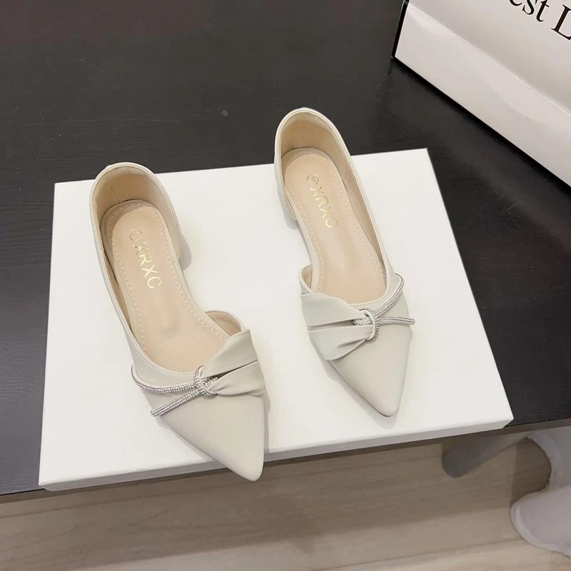 秋季春夏季新款黑色通勤不累脚水钻法式侧空浅口尖头平底女士单鞋