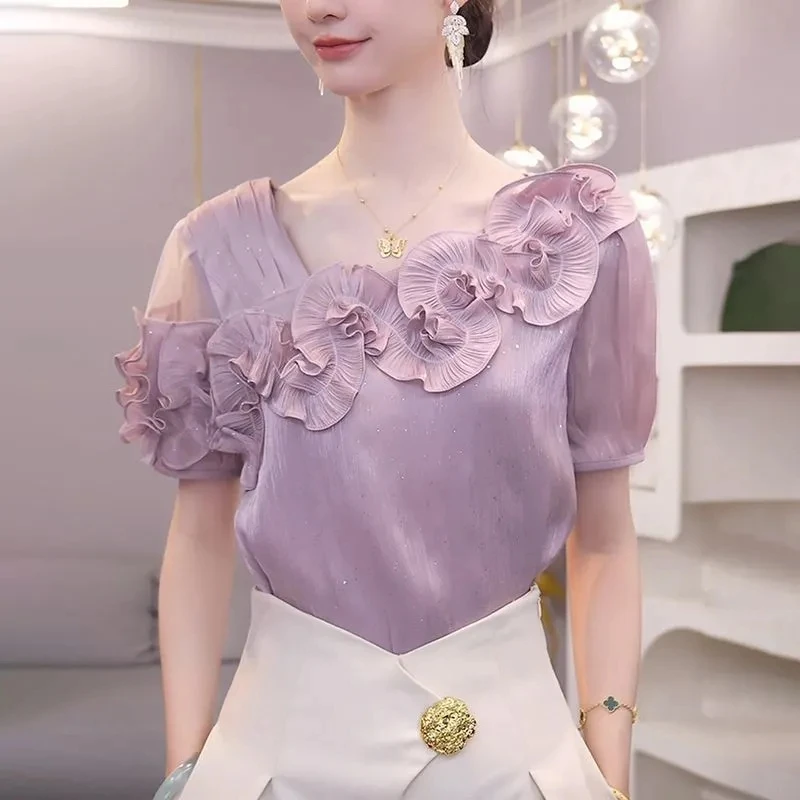 衬衫女短袖2025夏季新款设计感高级洋气减龄花朵别致小衫上衣