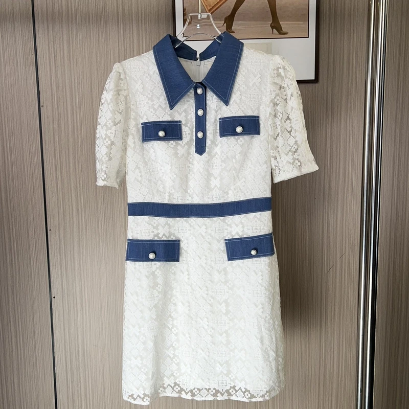 9048撤柜ATU气质夏季时尚香风短袖蕾丝显瘦翻领新款连衣裙