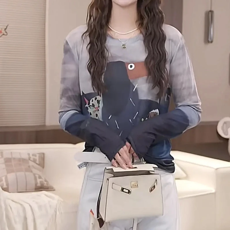 涂鸦印花网纱打底衫女春季薄款长袖t恤2025新款圆领时髦洋气上衣