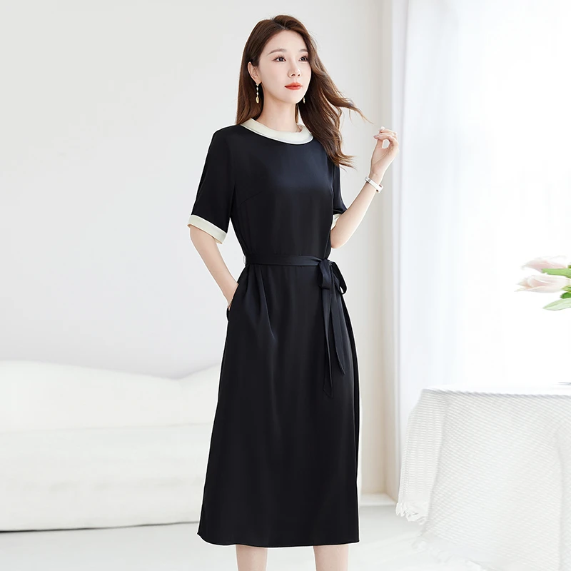 真丝弹力双乔桑蚕丝连衣裙夏高级感气质轻奢女装收腰显瘦高贵裙子