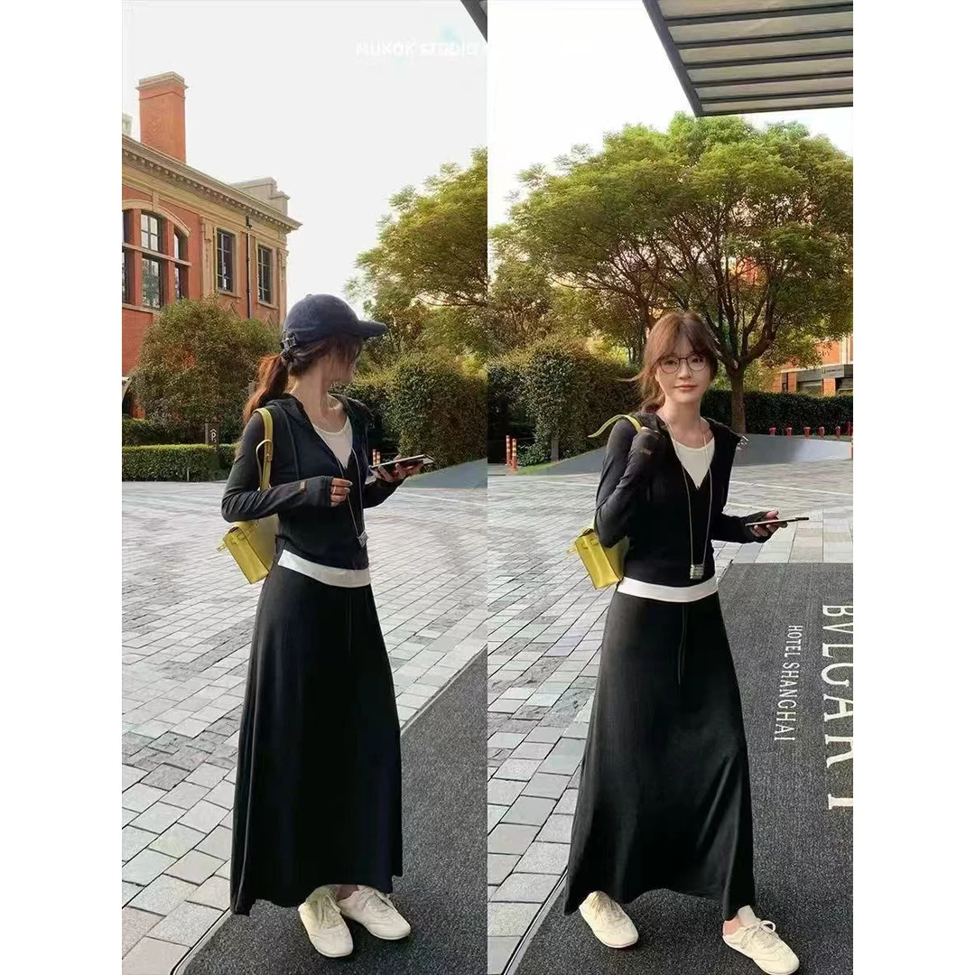 韩系风休闲风INS风时尚套装小香风长款高腰连衣裙两件套