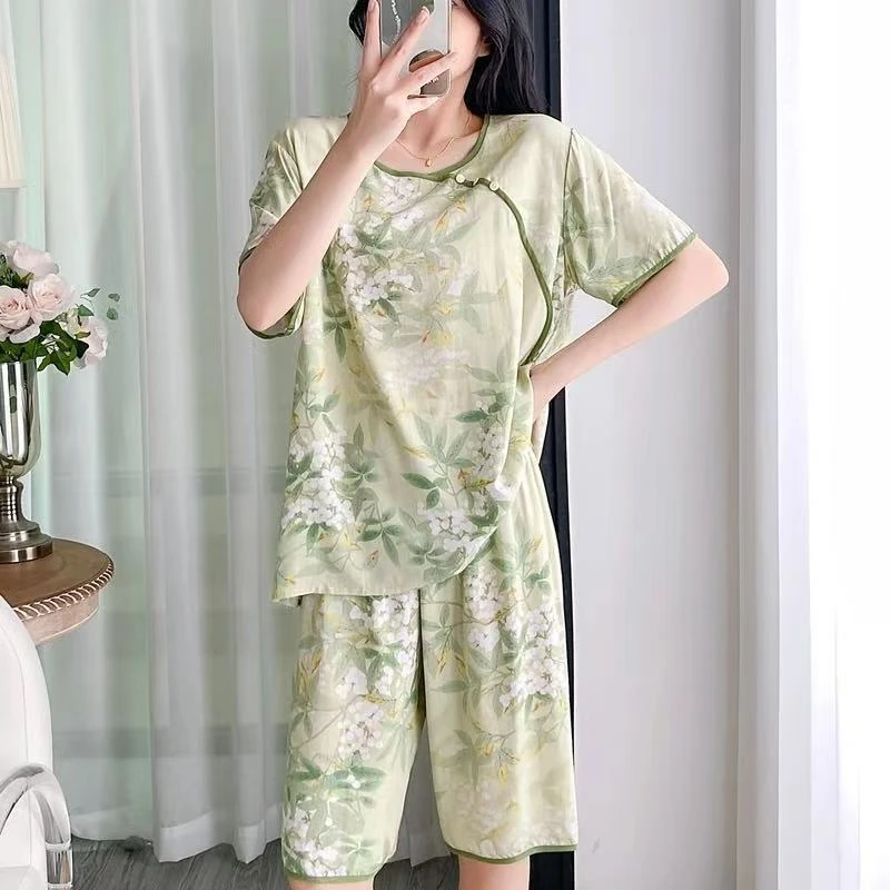 夏季新中式棉绸睡衣短袖短裤人造棉宽松舒适家居服套装可外穿