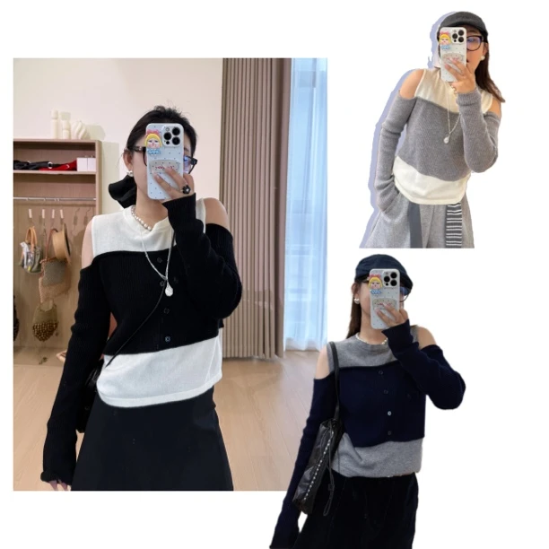 【wong_ting】小众设计师三色撞色露肩羊毛上衣5177