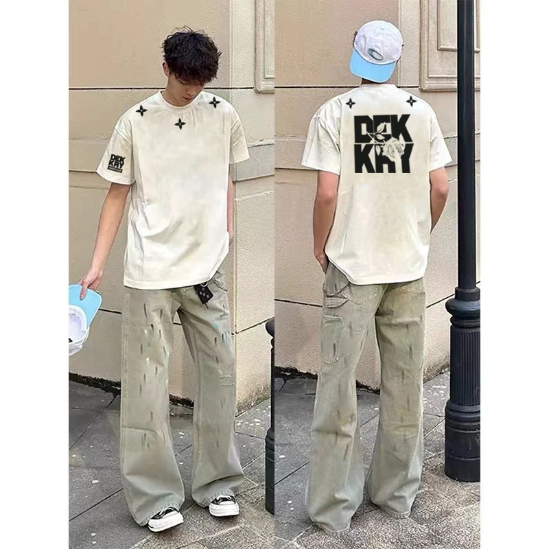 美式街头复古玫瑰字母印花短袖t恤男夏季设计感休闲纯棉情侣上衣