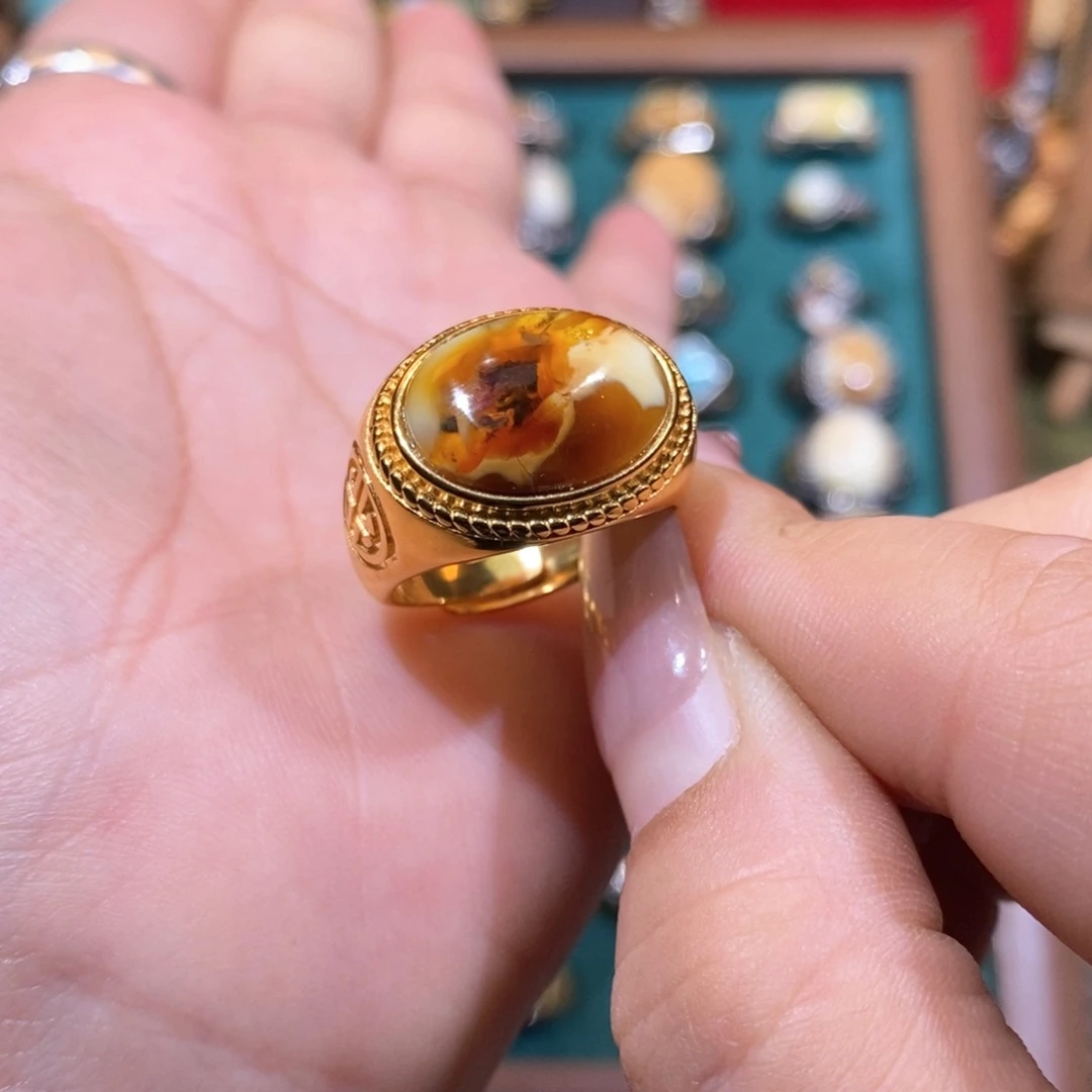琥珀戒指银S925镀金镶嵌娴*戒指