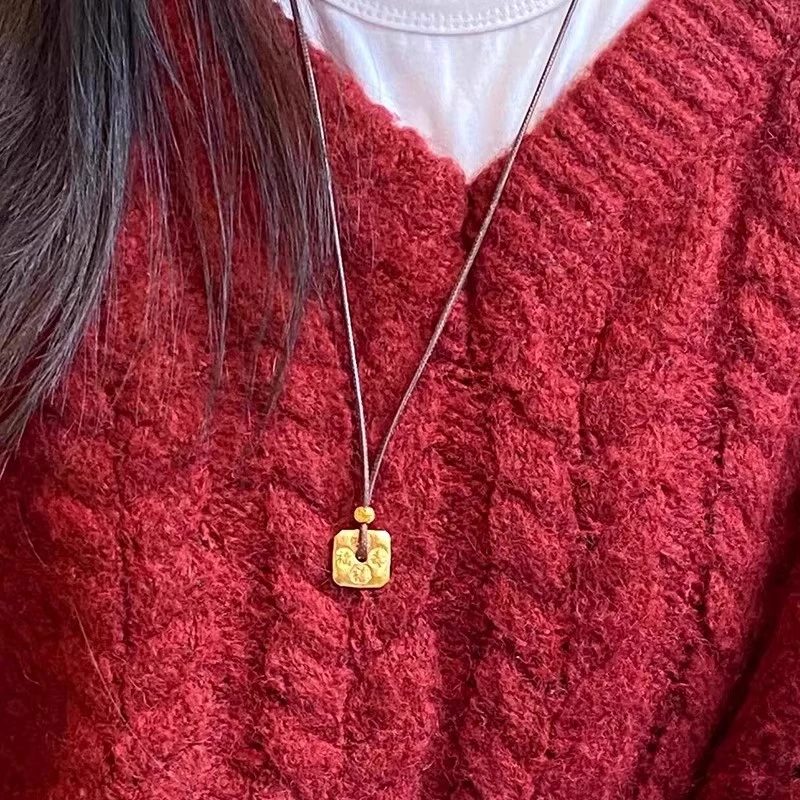 钛钢项链 新中式国风福禄寿喜吉言牌项链方形吊坠小众设计毛衣链