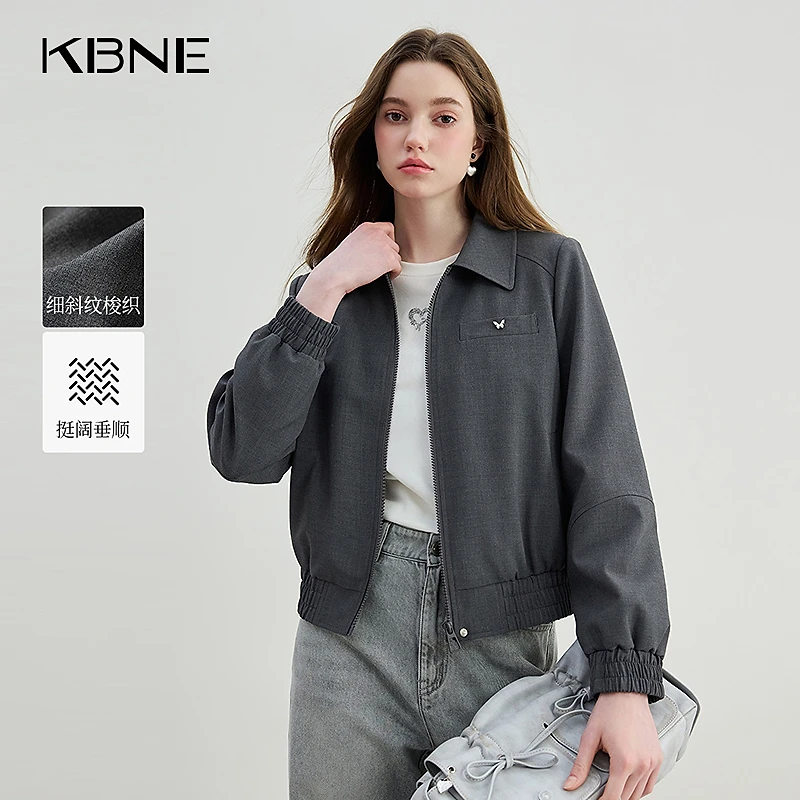 KBNE短款外套女百搭2025春季新款高级感休闲翻领灰色短夹克短外套