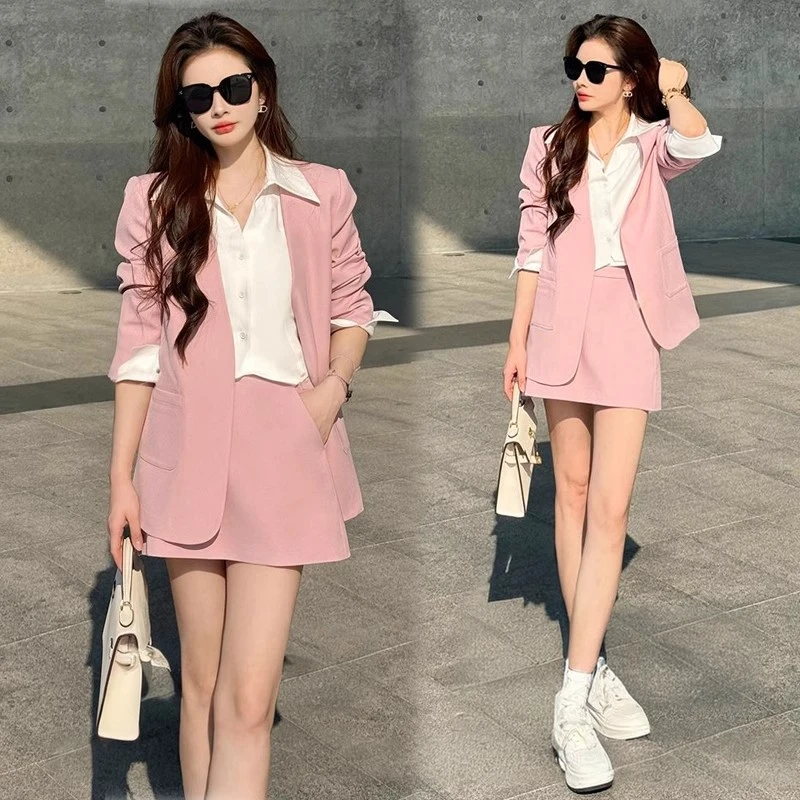 拉夏贝尔甜美粉色套装女2025春秋新款气质衬衫西装外套短裙两件套