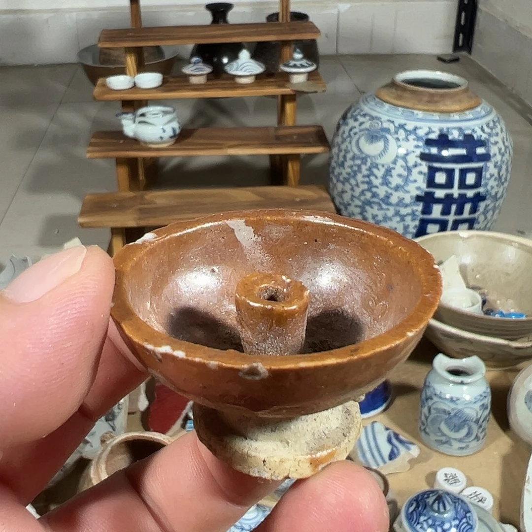 瓷片酱釉小油灯，全场包邮