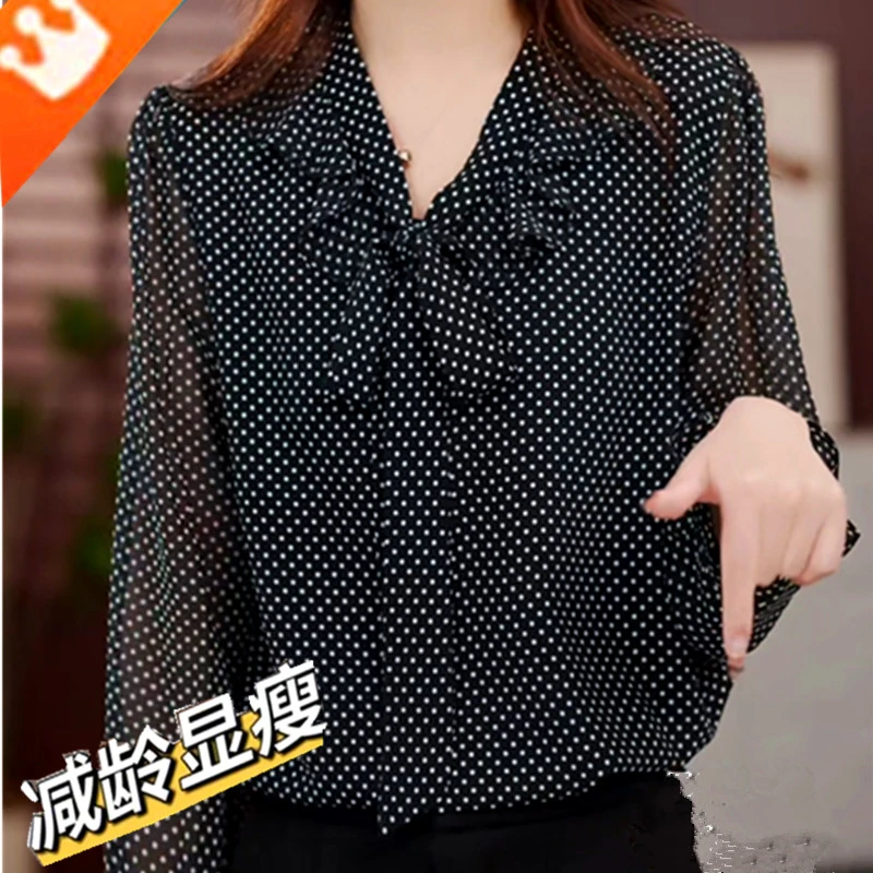 现货薄款绑带波点冰丝衬衫长袖小衫大码胖mm宽松洋气减龄雪纺上衣
