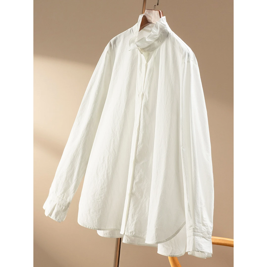 春天家 笈简优雅 法G早春高支匹马棉木耳边立领宽松衬衫87F0特