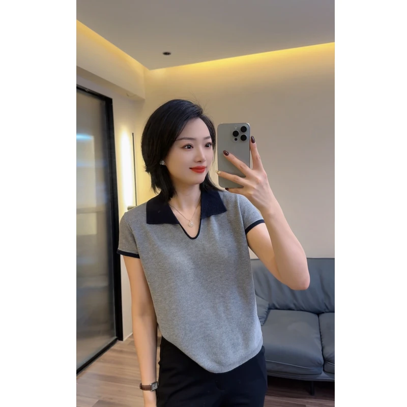 撞色翻领莱赛尔短袖针织衫女夏新款polo领t恤百搭显瘦小衫25111