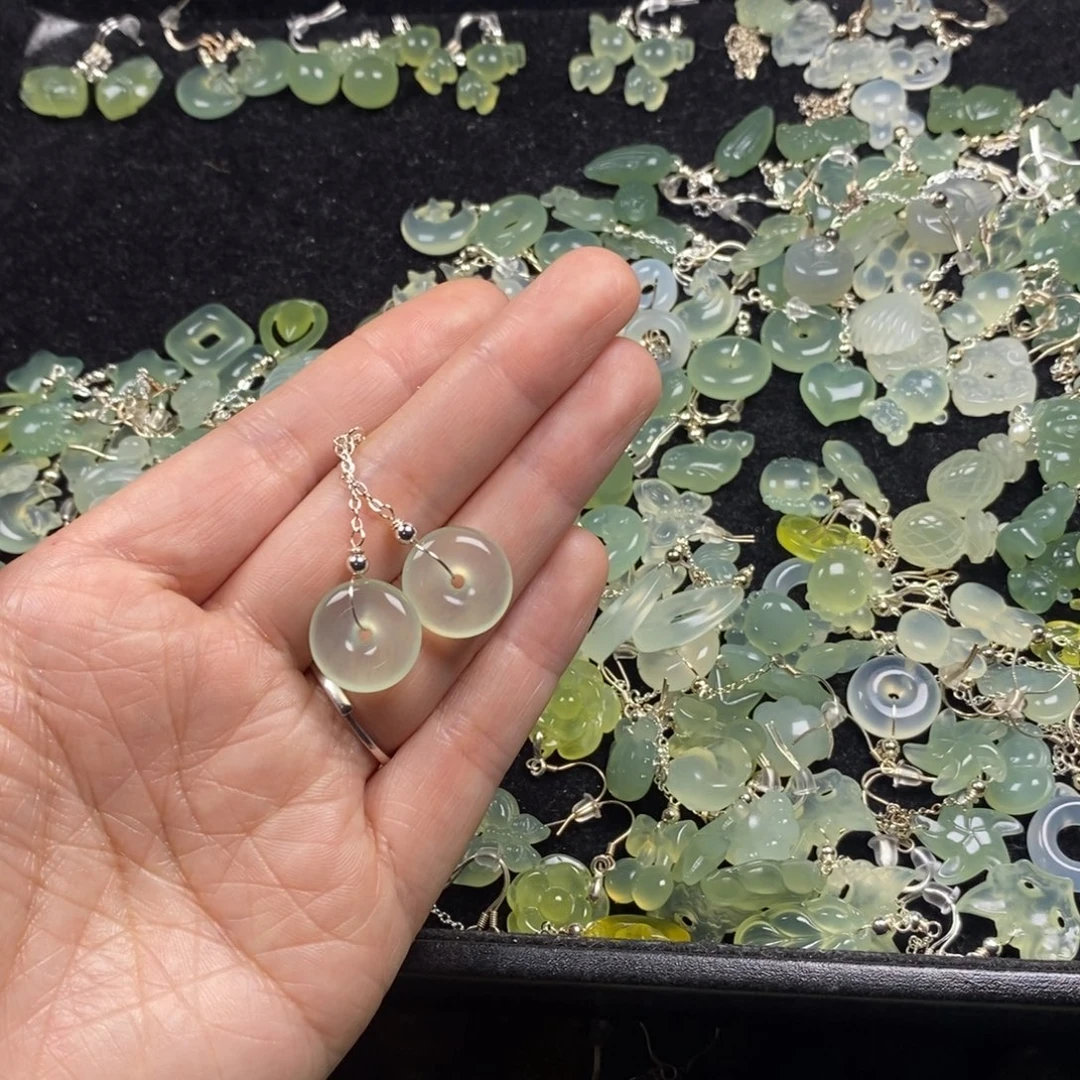 蛇纹石玉银S925镶嵌挂件耳饰耳环项链