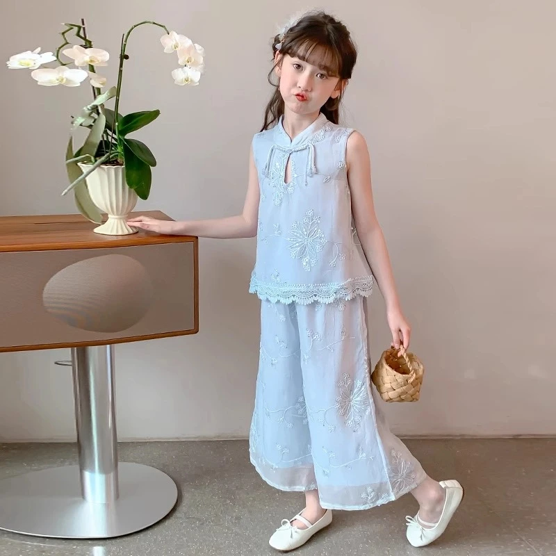 女童夏季甜美风新中式套装2025新款夏装儿童国风阔腿裤汉服两件套
