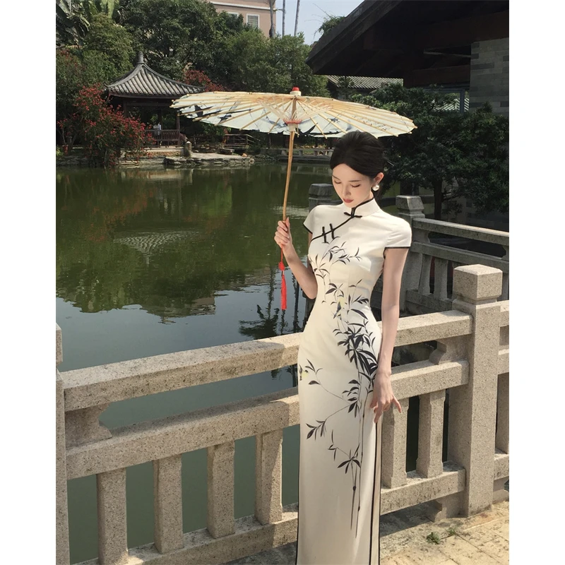 改良旗袍国风新中式连衣裙清冷竹韵中长款气质裙子女夏季2025新款