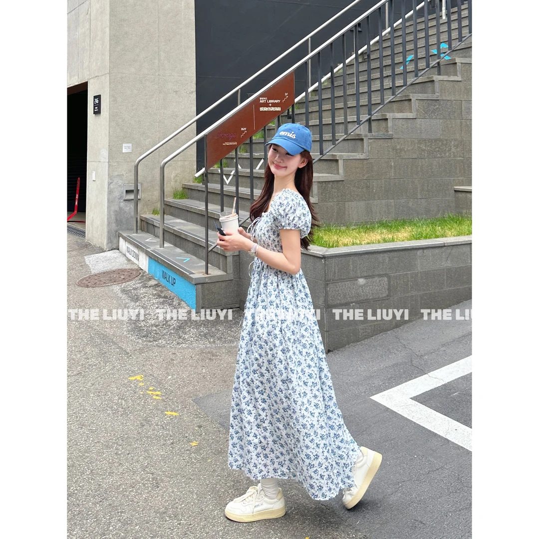 【LIUYI】私服蓝花裙~法式度假风蓝色碎花连衣裙56203
