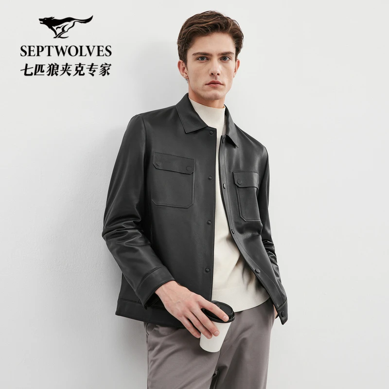 【绵羊皮】七匹狼男款翻领真皮皮衣2025秋冬新款时尚工装皮夹克外套