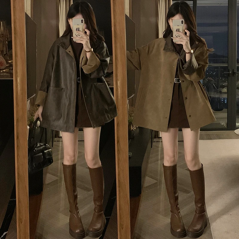 复古双面穿外套女2025秋款百搭休闲宽松中长款高级感咖色皮衣外套