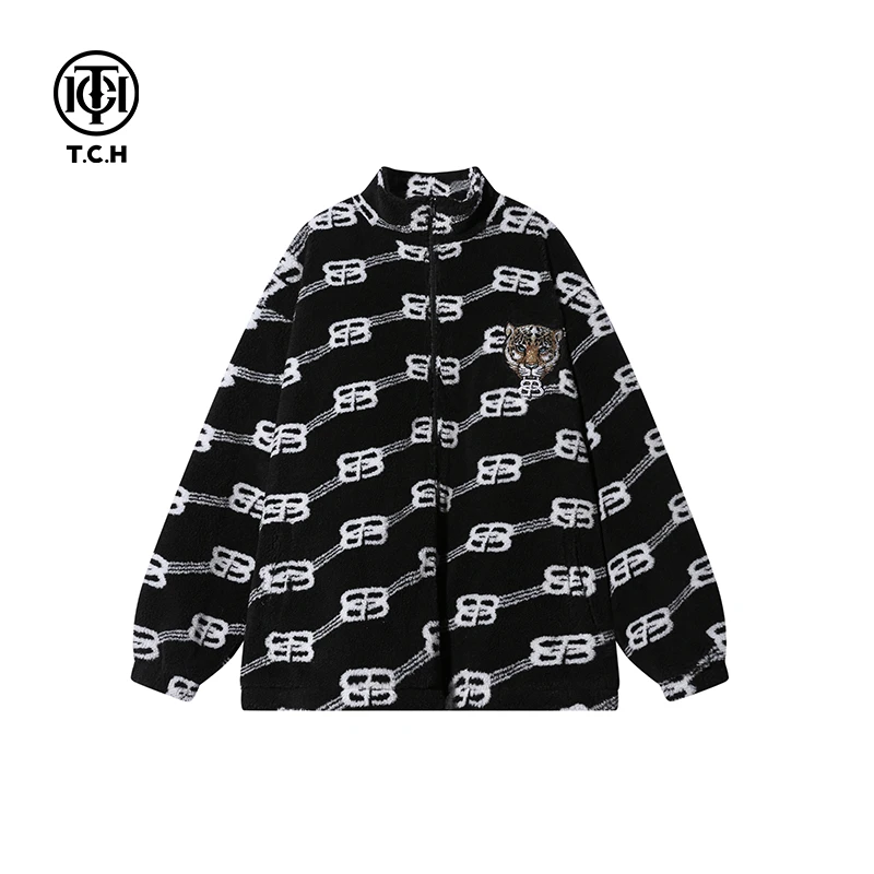 潮牌黑色拉链颗粒绒外套秋季高领休闲老花提花豹头刺绣烫钻冬季