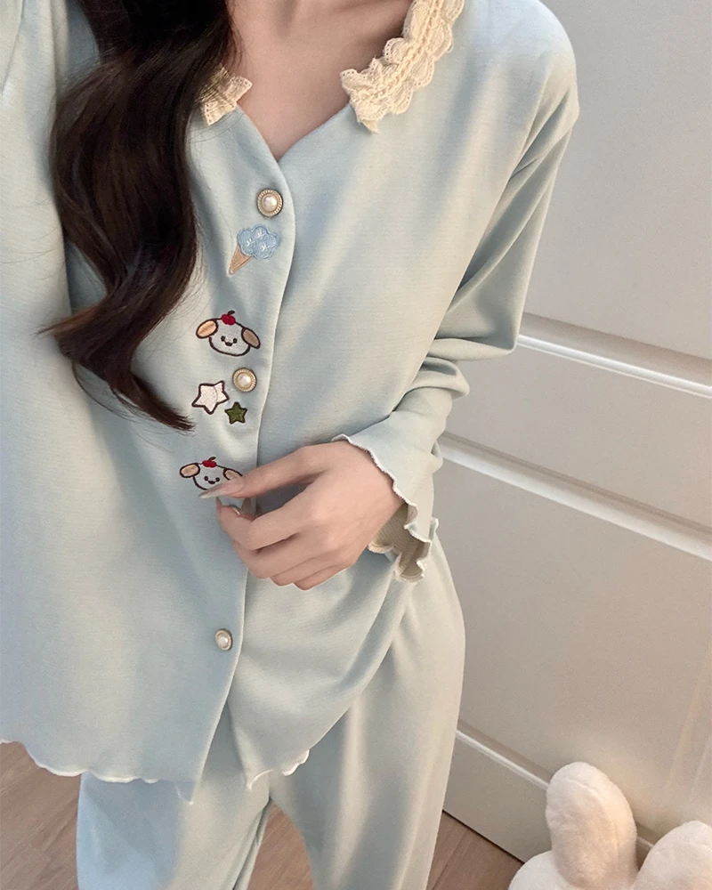 韩系少女感睡衣女款长袖保暖磨毛德绒卡通小狗家居服套装可外穿