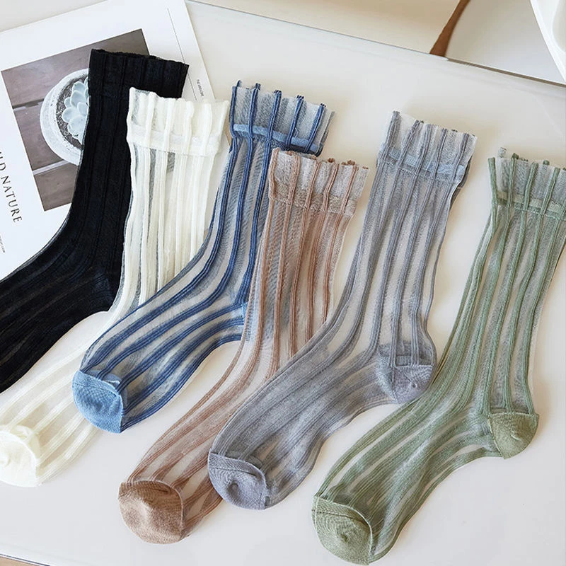 夏季新款女士中筒透明水晶蕾丝薄款透气堆堆纯色丝袜吸湿排汗适合