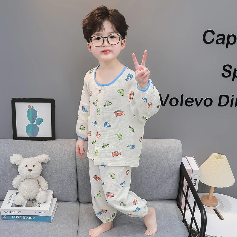 男童睡衣夏季薄款纯棉长袖男孩宝宝夏天棉纱空调服儿童家居服套装
