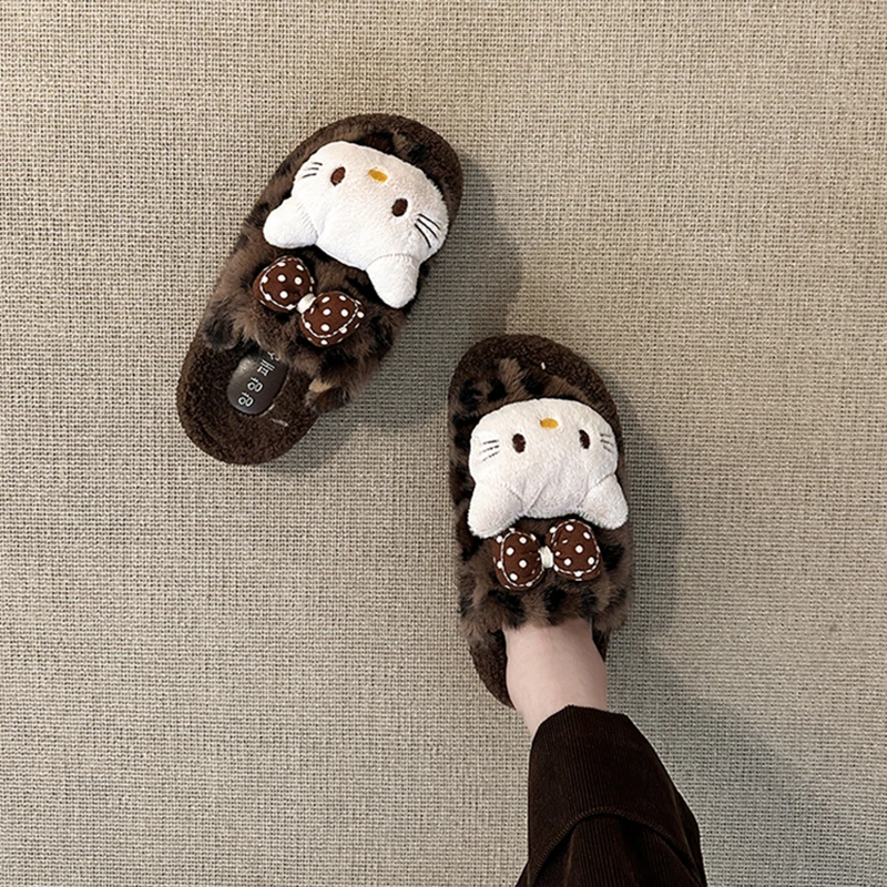 复古风毛绒卡通豹纹小猫包头拖鞋女2025冬季新款厚底居家厚底拖鞋