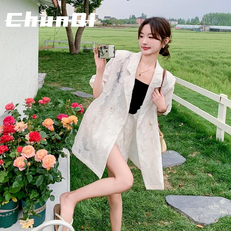 淳启白色镂空暗花高级感气质减龄西装短裤套装两件套女夏小个子