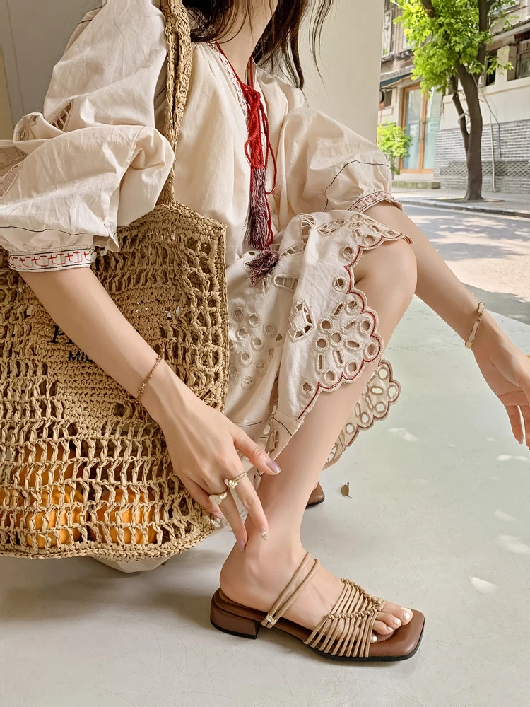 时尚百搭软底度假风复古编织两穿凉鞋露趾2025新款法式夏季鞋