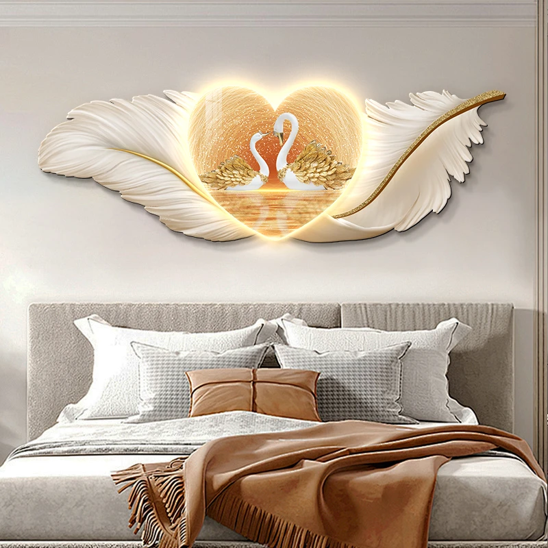 爱心led带灯床头卧室装饰画主卧次卧房间挂画壁画简约羽毛高级感
