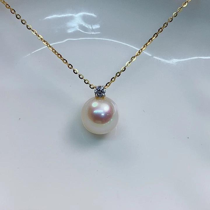 海水珍珠吊坠(不含链)18K金镶嵌松*柳10-11