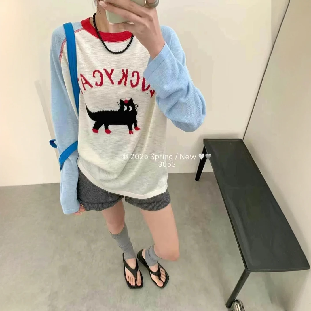 【大爆款~现货】2025夏设计感减龄卡通猫咪长袖针织宽松休闲针织衫