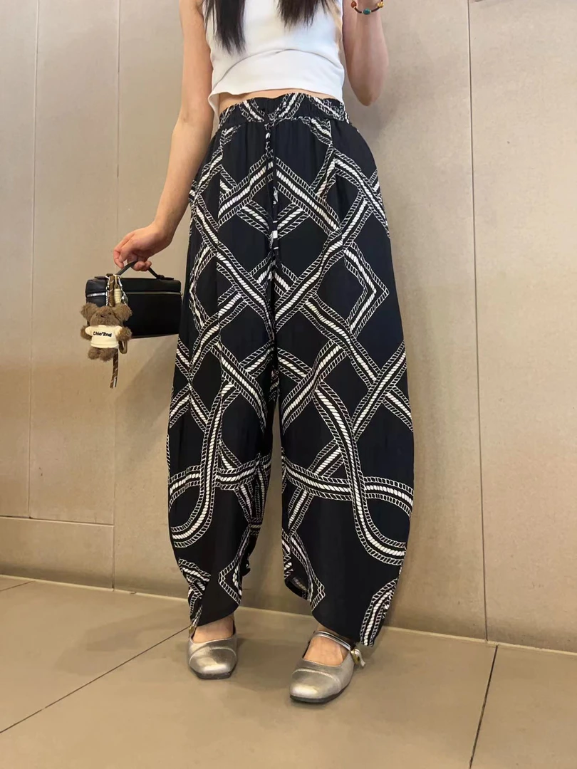 卡芭娅2025新款慵懒风印花宽松休闲裤女百搭高腰阔腿裤长裤2856