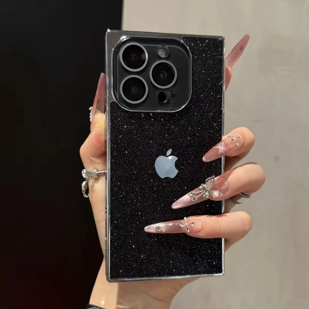 ins风奢华闪粉适用苹果16proMax方形手机壳带水晶镜头膜直角电镀