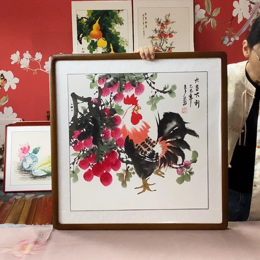 国画手写手绘国画作品带框包邮62✖️62