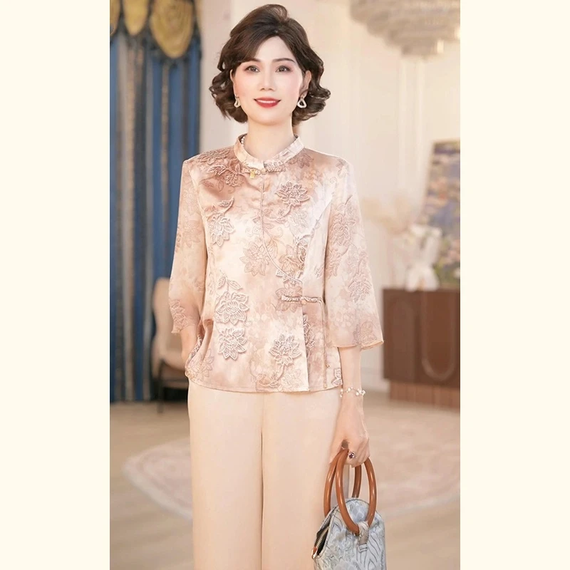 2025新款气质洋气中年妈妈中式国风套装轻奢夏季复古提花两件套装