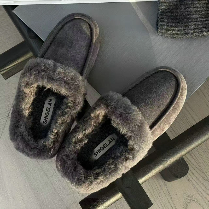 诗歌兰女加绒棉鞋2025新款百搭真皮厚底保暖一脚蹬乐福鞋18001-1