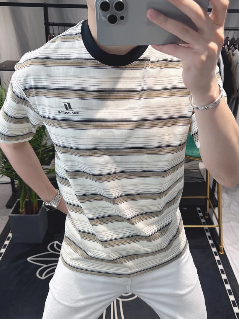 夏季2025新款欧洲站男士短袖t恤潮牌高级感美式休闲半袖条纹体恤