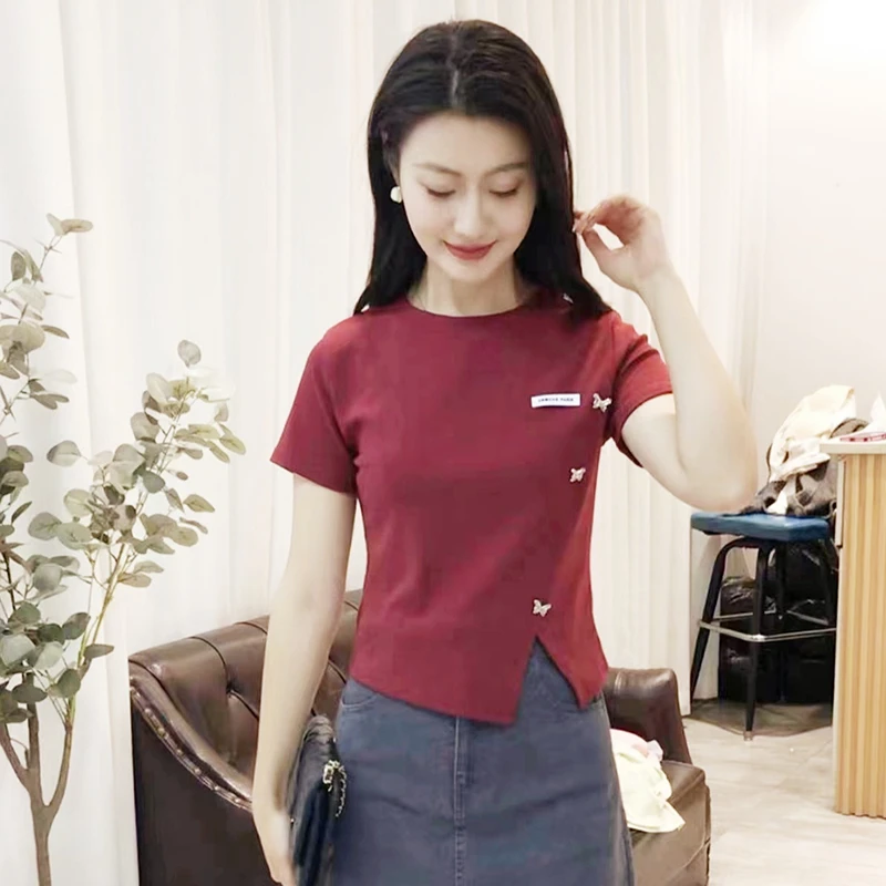 短袖女t恤夏季2025新款设计感小众正肩美式高街开叉短款上衣