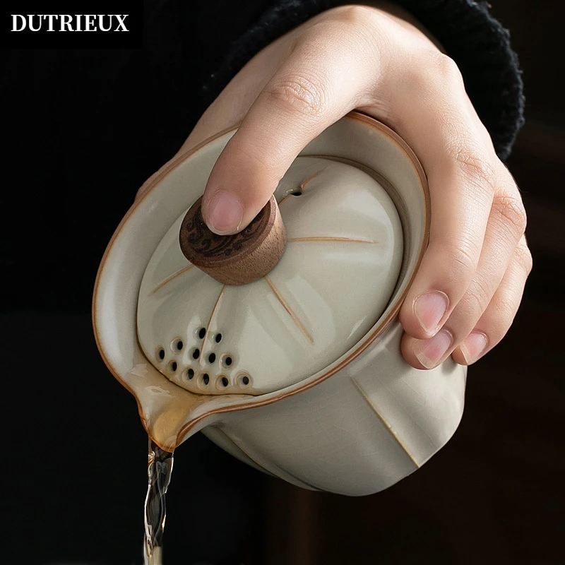 米黄汝窑盖碗茶杯大号单个高档不烫手手抓壶功夫茶具泡茶器泡茶杯