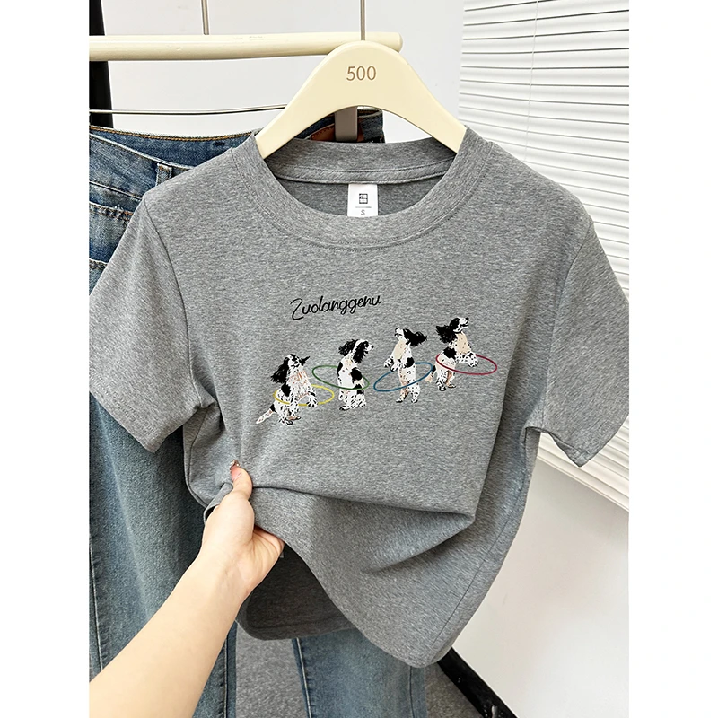 夏新款洋气圆领正肩短袖T恤女时尚小狗印花胖mm大码正肩显瘦上衣