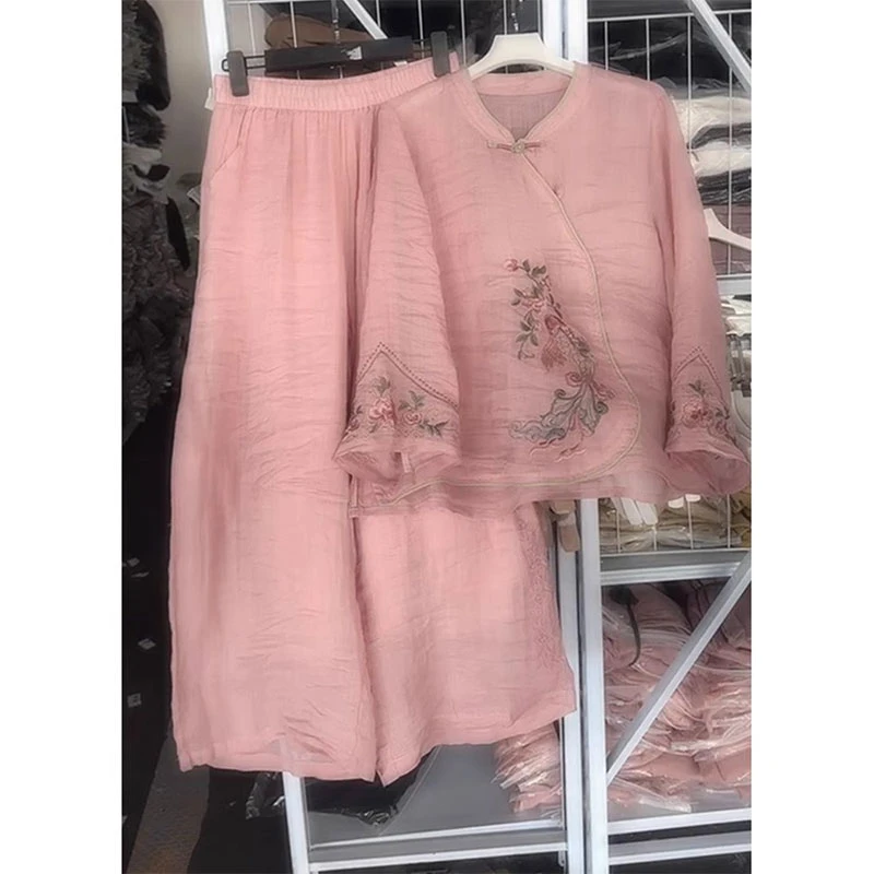 欧洲站2025春季新款新中式国风印花盘扣上衣松紧腰纯色休闲裤套装