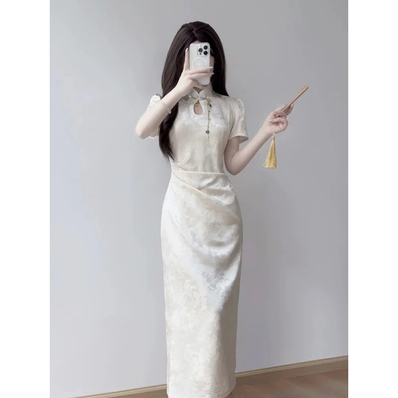 国风新中式连衣裙米白色旗袍夏季2025新款气质遮肚子水滴领年轻款