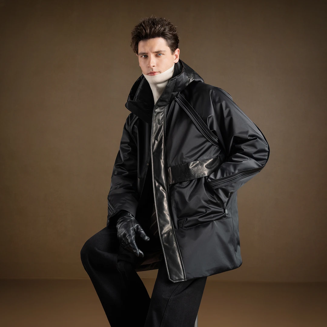 言吉男装中长款拼皮防风外套冬季新款高端男连帽羽绒服YJ55001-2