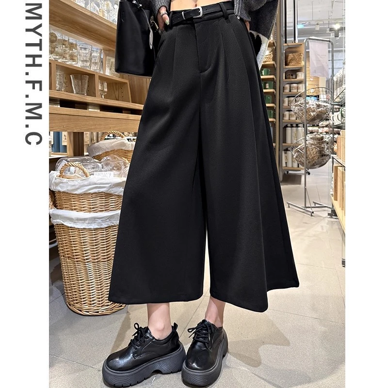 黑色毛呢小个子巨好看的裤子女秋冬季2025新款宽松九分直筒阔腿裤