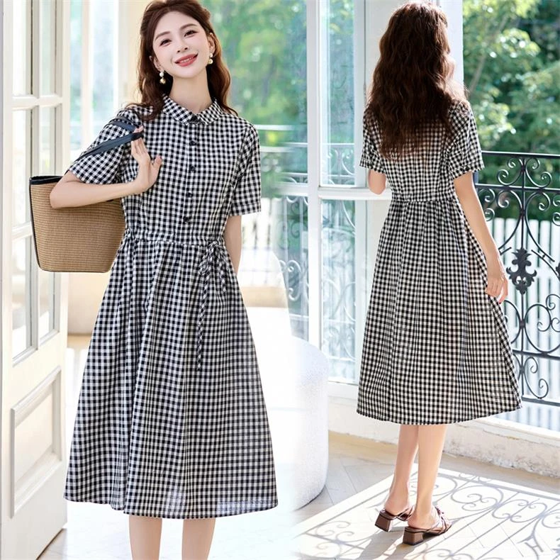 黑白格子连衣裙女夏高级感巨好看法式收腰遮肚子显瘦薄款衬衫裙子